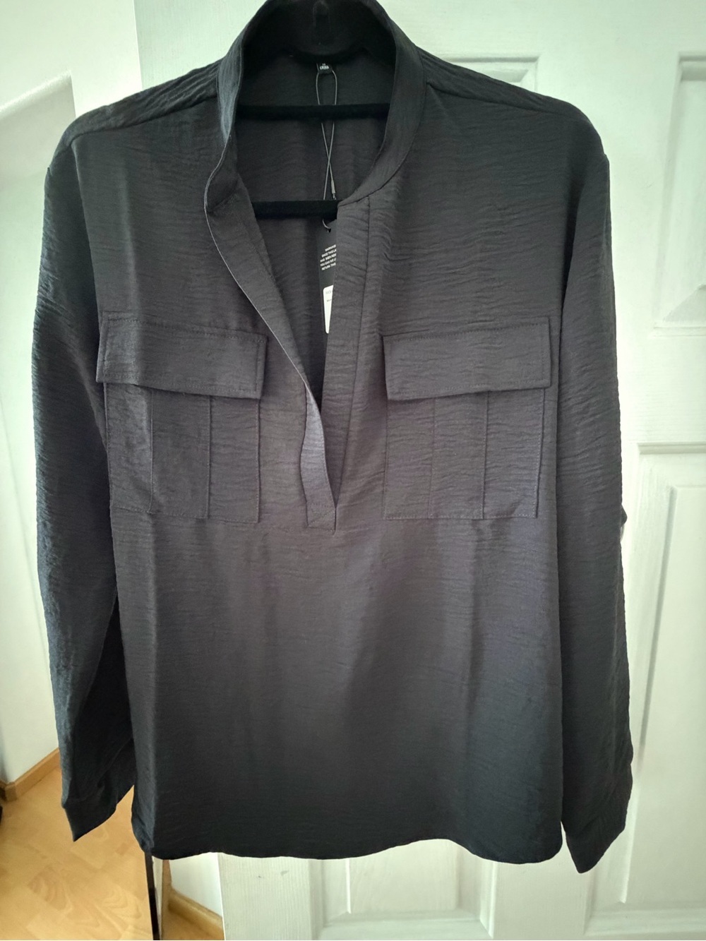 Fashion Nova Charcoal Black Split-Neck Utility Blouse